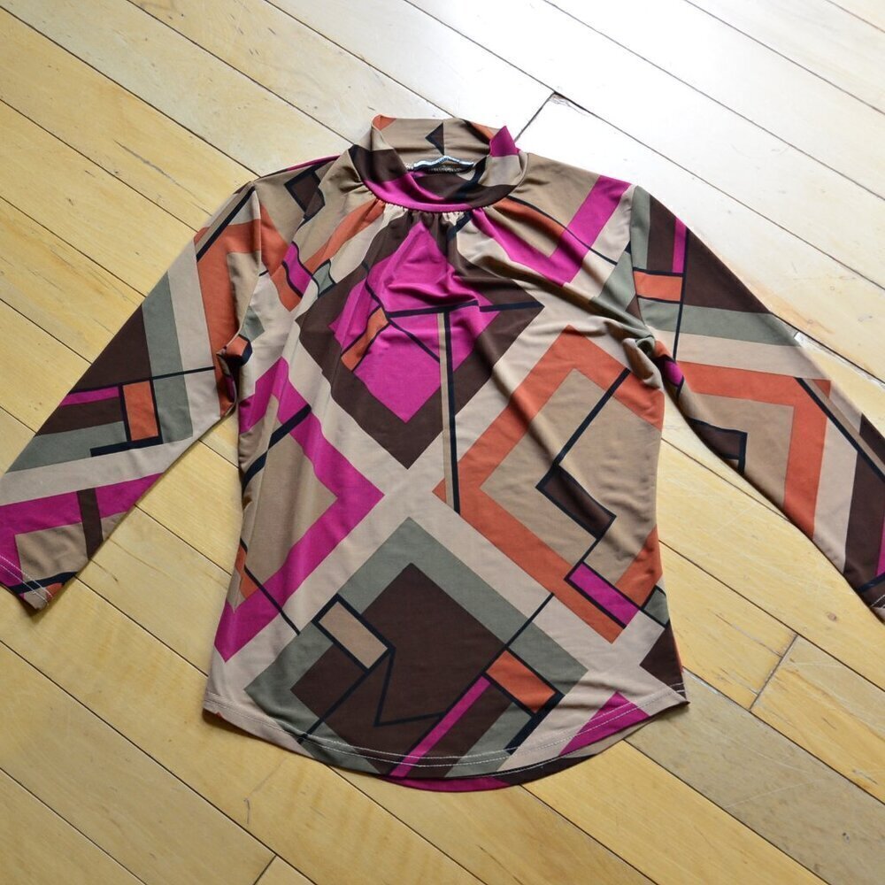 Sharagano Paris Geometric Printed Blouse Top Size XS / XXS